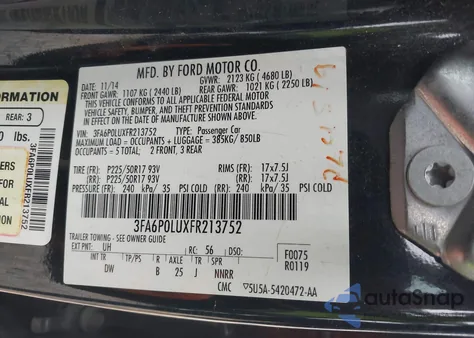 2015 Ford Fusion Hybrid Se z USA, uszkodzony, nr VIN 3FA6P0LUXFR213752
